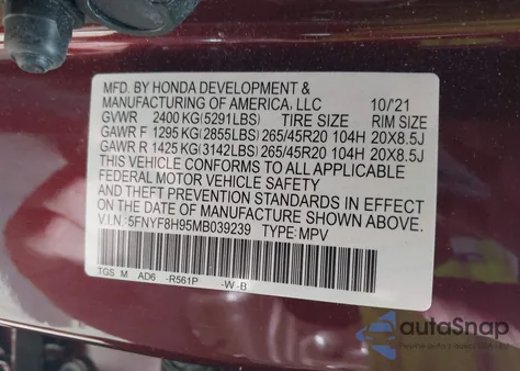 2021 Honda Passport Awd Touring from USA, damaged, VIN 5FNYF8H95MB039239